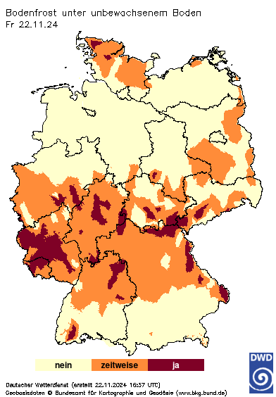 Bodenfrost unter unbewachsenem Boden, Vorhersage heute