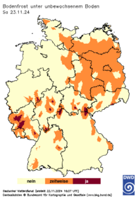 Bodenfrost unter unbewachsenem Boden, Vorhersage heute + 1 Tag