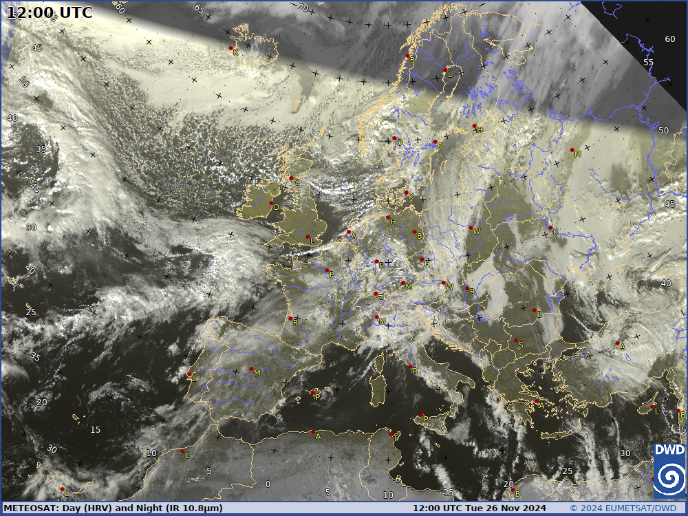 Aktuelles Europabild vom Meteosat (HRV und IR mit topographischem Hintergrund), 3 stündige Aktualisierung