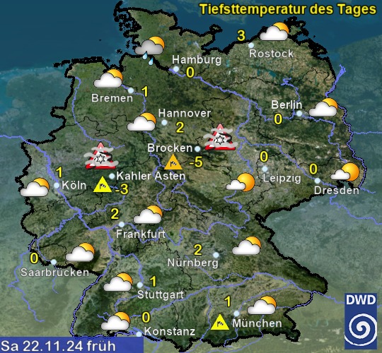 Vorhersage für heute früh mit Tiefsttemperatur und Wetter