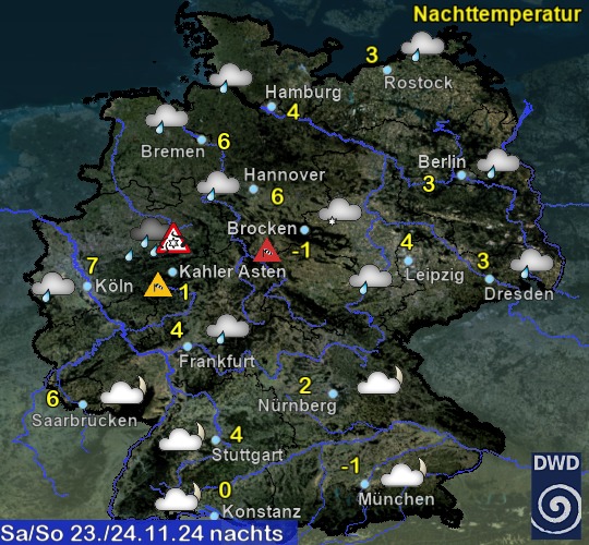 Vorhersage für heute nacht mit Tiefsttemperatur und Wetter für Deutschland