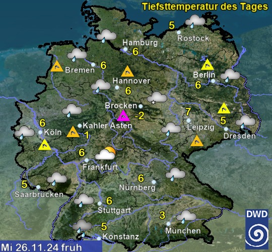 Vorhersage für morgen früh mit Tiefsttemperatur und Wetter