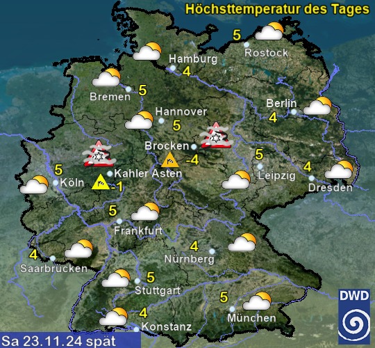 Vorhersage für morgen spät mit Tiefsttemperatur und Wetter