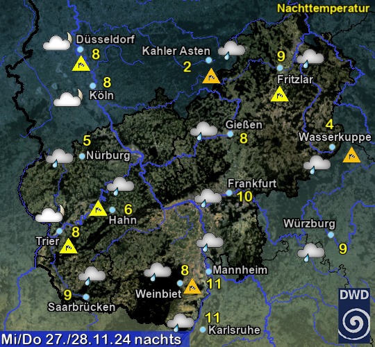 Vorhersage für heute mit Nachttemperatur und Wetter für Region Mitte