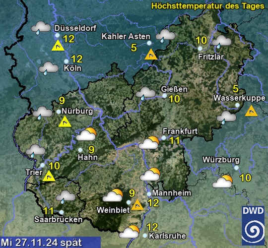 Vorhersage für heute mit Höchsttemperatur und Wetter für Region Mitte