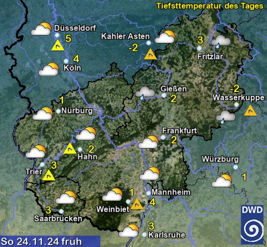 Vorhersage für morgen früh mit Tiefsttemperatur und Wetter für Region Mitte