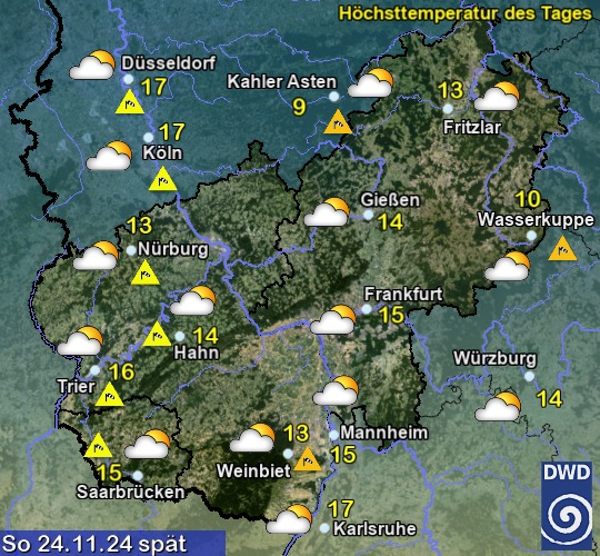 Vorhersage für morgen mit Höchsttemperatur und Wetter für Region Mitte