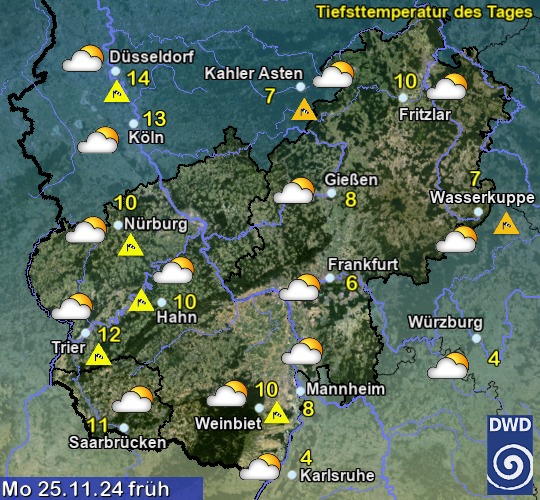 Vorhersage für übermorgen früh mit Tiefsttemperatur und Wetter für Region Mitte