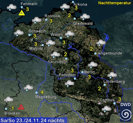 Vorhersage für heute mit Nachttemperatur und Wetter für Region Nordost