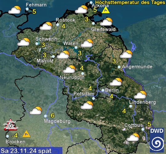 Vorhersage für heute mit Höchsttemperatur und Wetter für Region Nordost