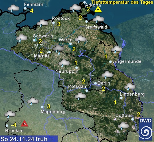 Vorhersage für morgen früh mit Tiefsttemperatur und Wetter für Region Nordost