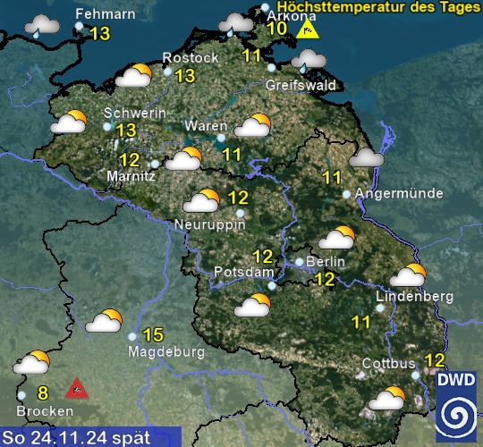 Vorhersage für morgen mit Höchsttemperatur und Wetter für Region Nordost