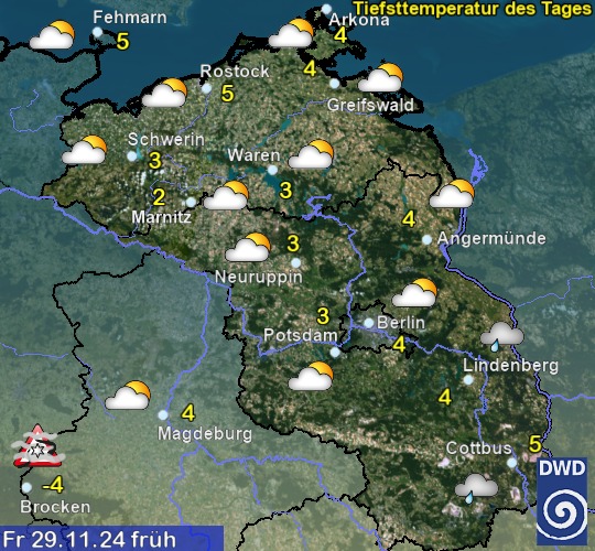 Vorhersage für übermorgen früh mit Tiefsttemperatur und Wetter für Region Nordost