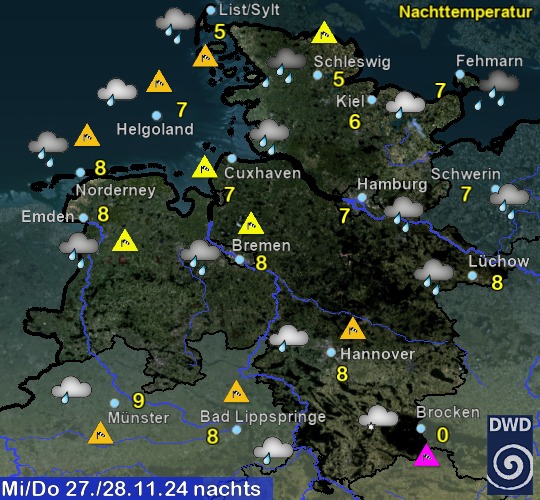 Vorhersage für heute mit Nachttemperatur und Wetter für Region Nordwest