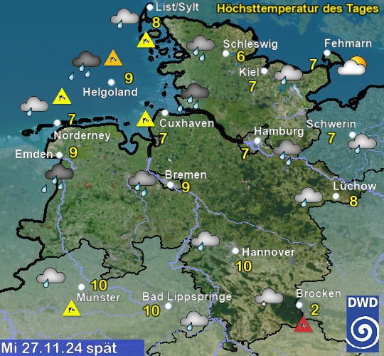 Vorhersage für heute mit Höchsttemperatur und Wetter für Region Nordwest