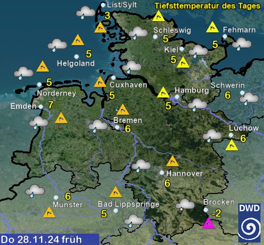 Vorhersage für morgen früh mit Tiefsttemperatur und Wetter für Region Nordwest