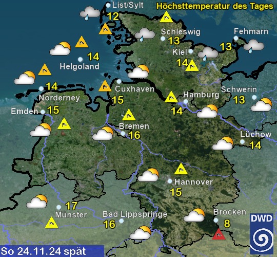 Vorhersage für morgen mit Höchsttemperatur und Wetter für Region Nordwest