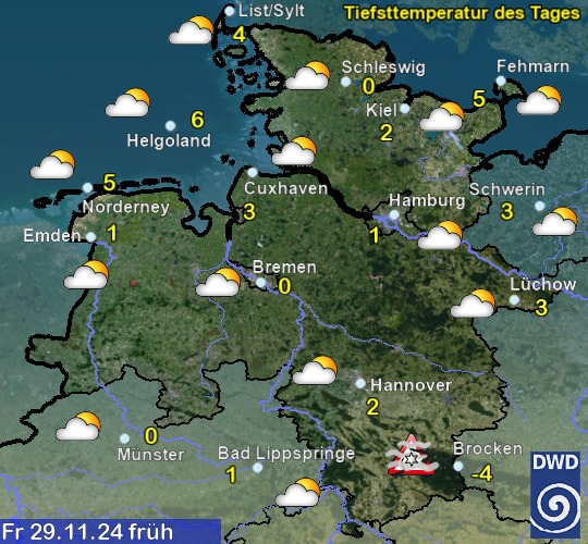 Vorhersage für übermorgen früh mit Tiefsttemperatur und Wetter für Region Nordwest