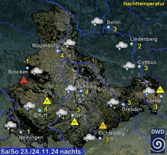 Vorhersage für heute mit Nachttemperatur und Wetter für Region Ost