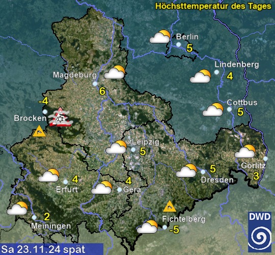 Vorhersage für heute mit Höchsttemperatur und Wetter für Region Ost