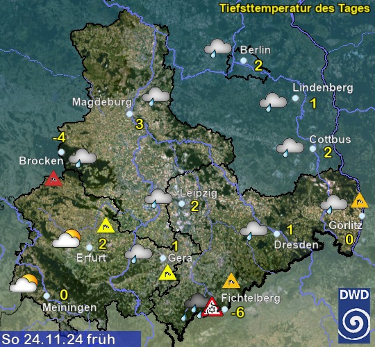 Vorhersage für morgen früh mit Tiefsttemperatur und Wetter für Region Ost