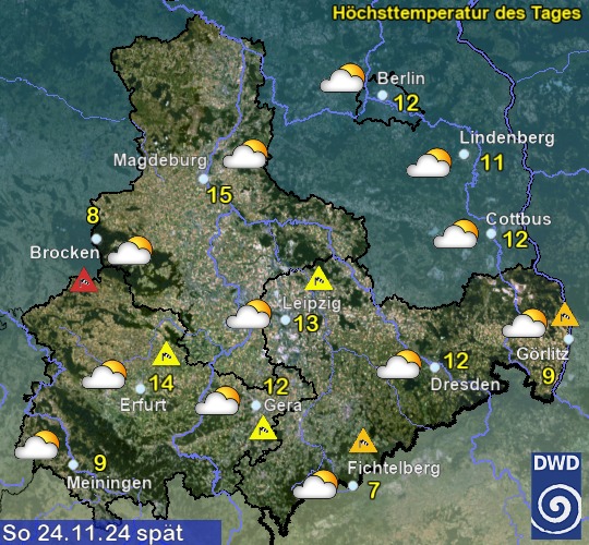 Vorhersage für morgen mit Höchsttemperatur und Wetter für Region Ost