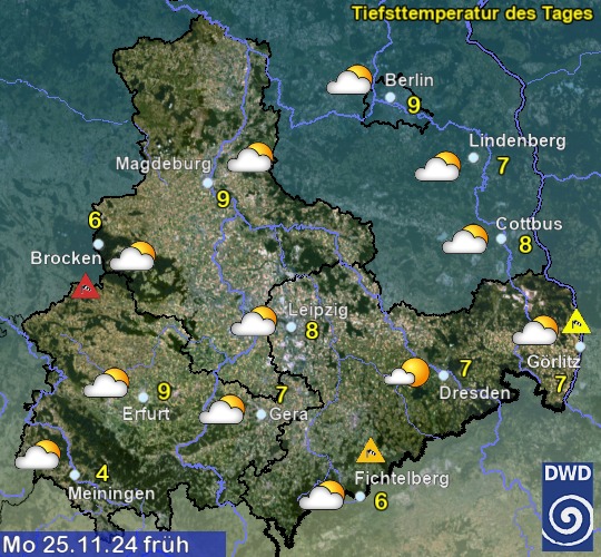 Vorhersage für übermorgen früh mit Tiefsttemperatur und Wetter für Region Ost