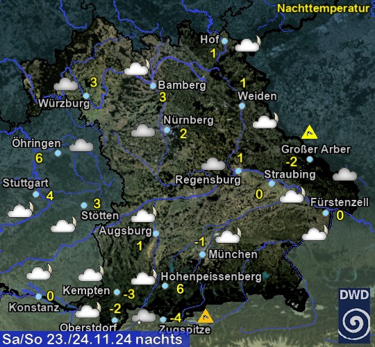 Vorhersage für heute mit Nachttemperatur und Wetter für Region Suedost