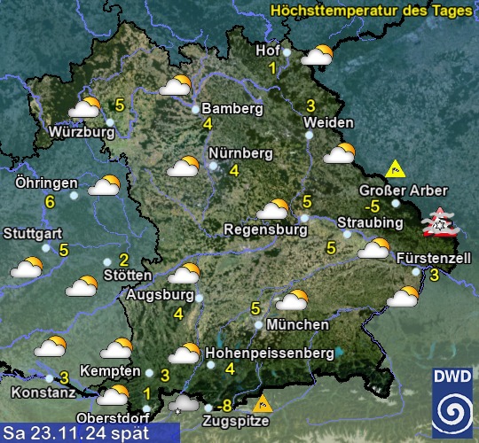 Vorhersage für heute mit Höchsttemperatur und Wetter für Region Suedost