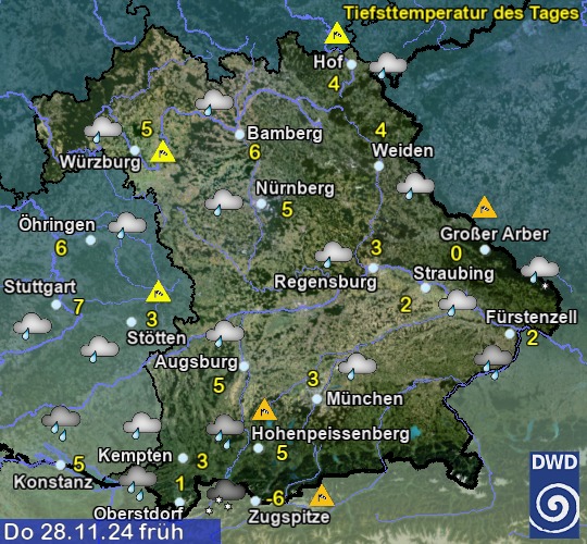 Vorhersage für morgen früh mit Tiefsttemperatur und Wetter für Region Suedost