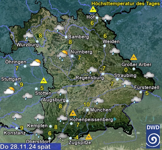 Vorhersage für morgen mit Höchsttemperatur und Wetter für Region Suedost