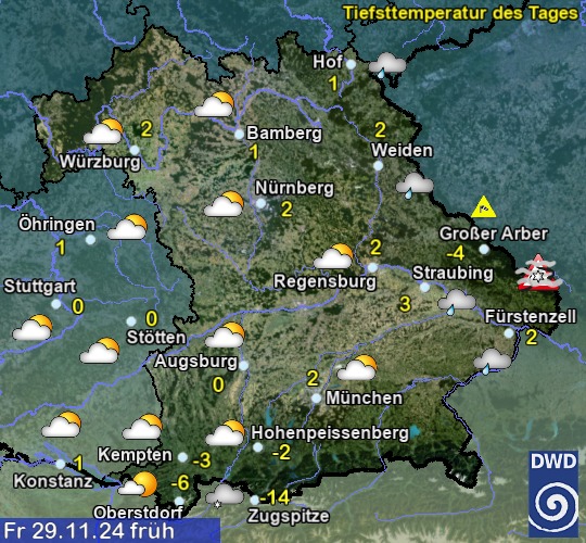 Vorhersage für übermorgen früh mit Tiefsttemperatur und Wetter für Region Suedost