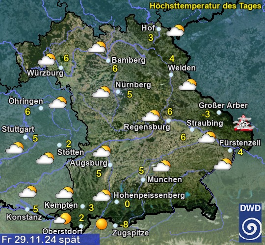 Vorhersage für übermorgen mit Höchsttemperatur und Wetter für Region Suedost