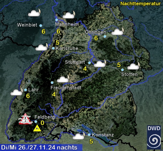 Vorhersage für heute mit Nachttemperatur und Wetter für Region Suedwest