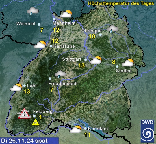 Vorhersage für heute mit Höchsttemperatur und Wetter für Region Suedwest