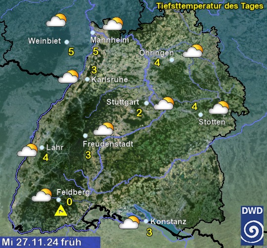 Vorhersage für morgen früh mit Tiefsttemperatur und Wetter für Region Suedwest