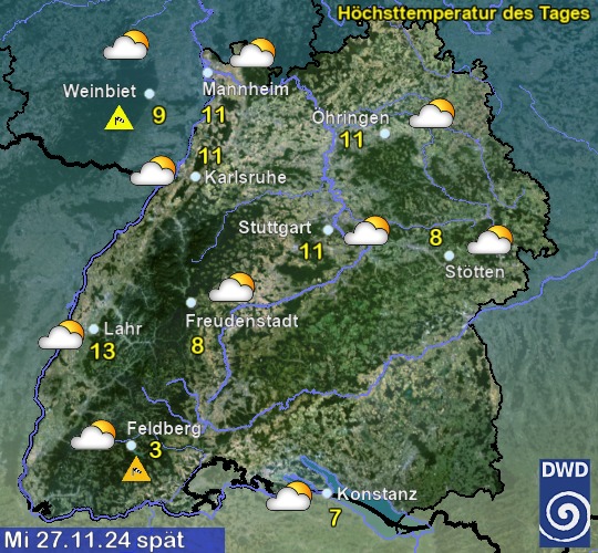 Vorhersage für morgen mit Höchsttemperatur und Wetter für Region Suedwest