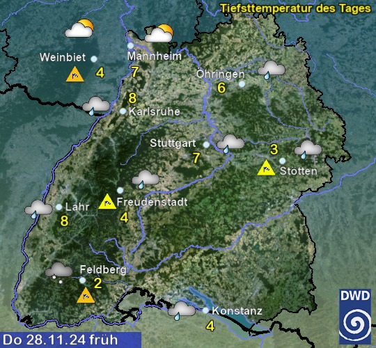 Vorhersage für übermorgen früh mit Tiefsttemperatur und Wetter für Region Suedwest