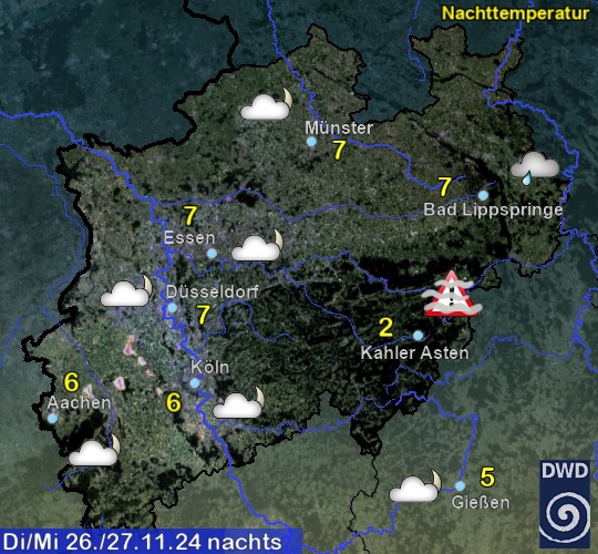 Vorhersage für heute mit Nachttemperatur und Wetter für Region West