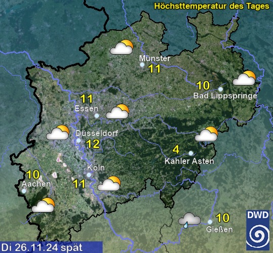 Vorhersage für heute mit Höchsttemperatur und Wetter für Region West