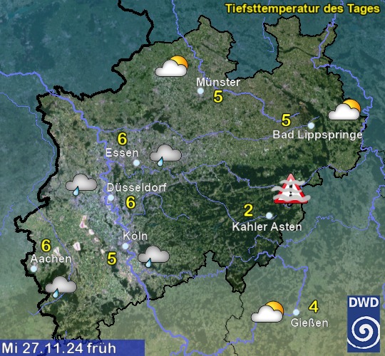 Vorhersage für morgen früh mit Tiefsttemperatur und Wetter für Region West