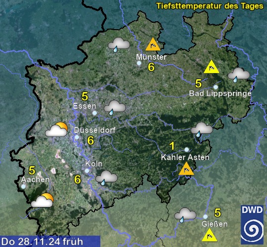 Vorhersage für übermorgen früh mit Tiefsttemperatur und Wetter für Region West