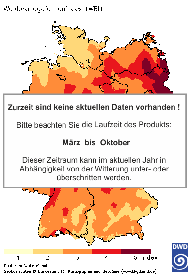 Deutschlandkarte mit dem Tageswert des Waldbrand-Gefahrenindex WBI, heute